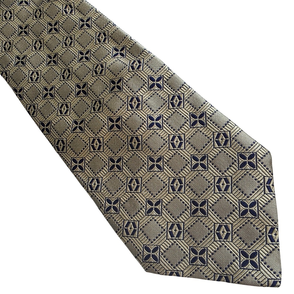 Rene Lezard Mens Silk Geometric‎ Pattern Neck Tie Gold Navy